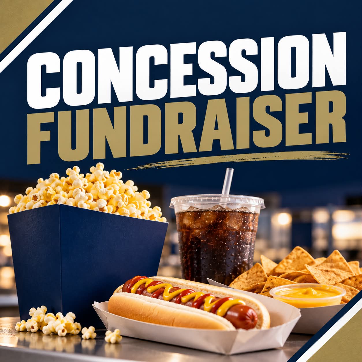 Concession fundraiser featuring popcorn, a soft drink, nachos, and a hot dog