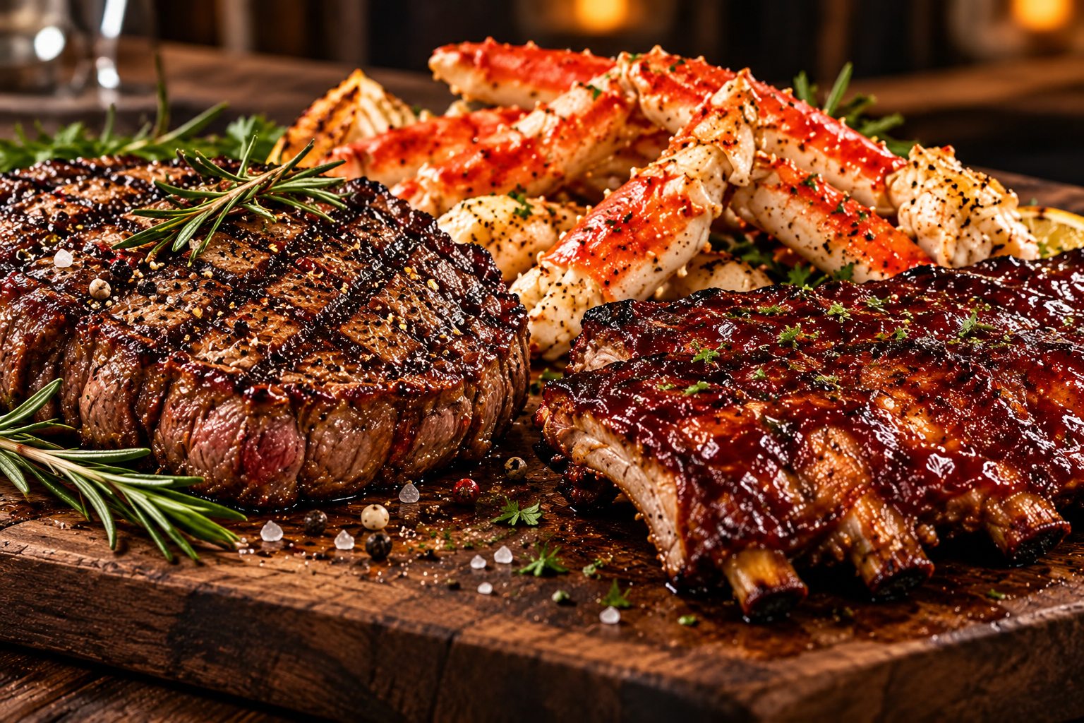 A grilled steak, glazed ribs, and crab legs arranged on a serving board